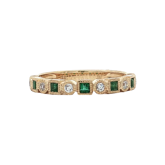 Yellow Gold Emerald & Diamond Wedding Band